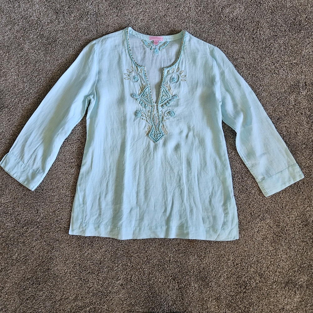 Lilly Pulitzer Aqua Embroidered Blouse Womens Size Small